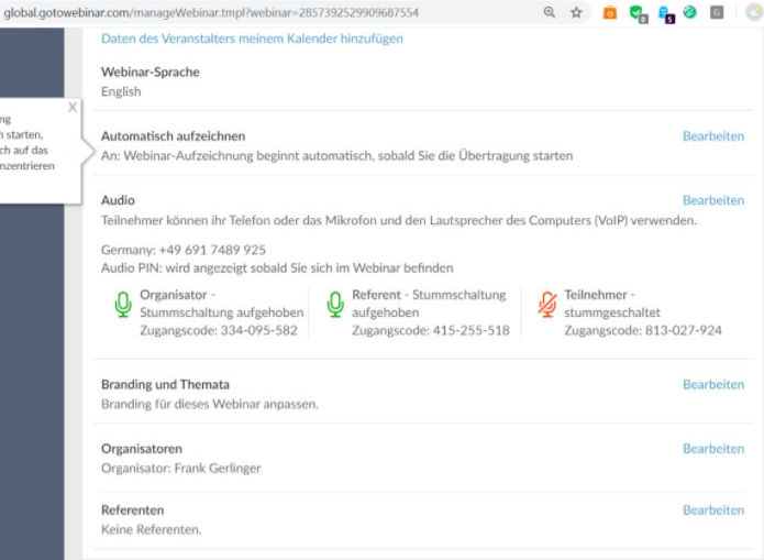 Organisator-Anzeige