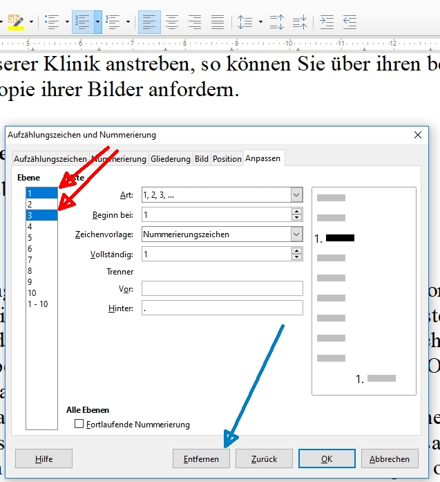 Nummerierung löschen