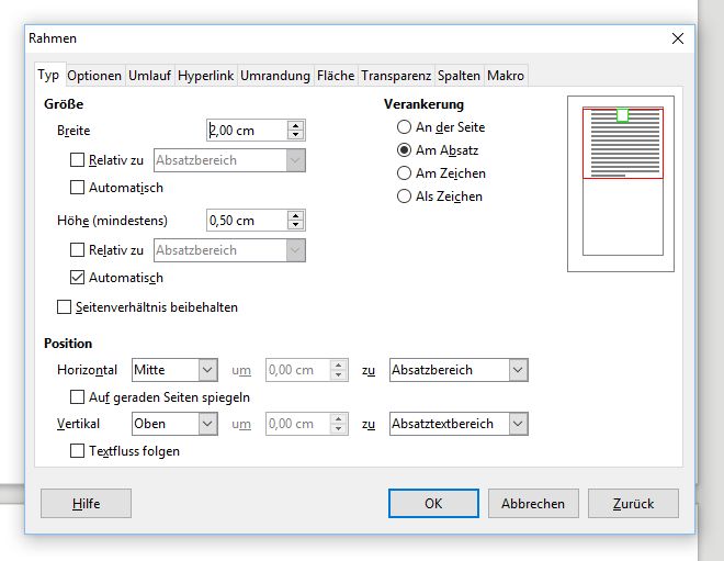 Rahmen Spezifikationen
